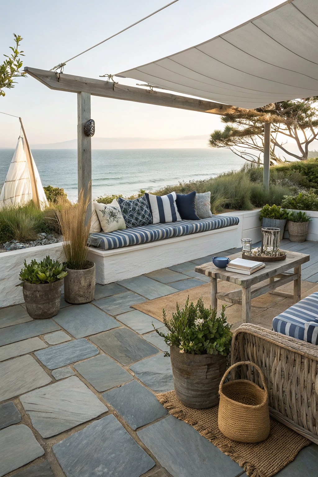 Oceanfront patio with blue striped bench, wooden table, potted plants and sea view