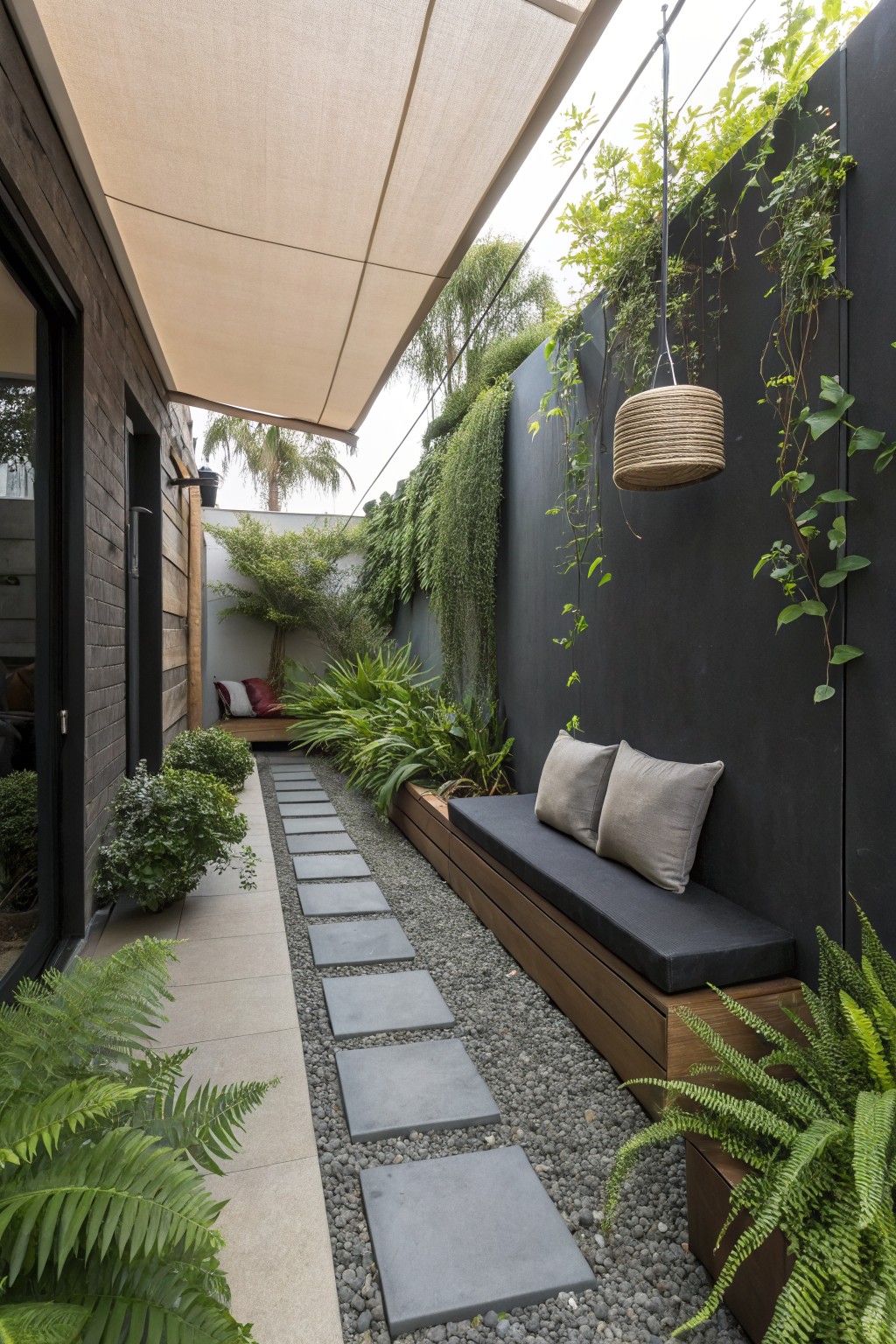 A narrow outdoor space with a long built-in wooden bench with dark cushion and pillows, gray stepping stones on gravel, and climbing plants on a dark wall under a shade sail.