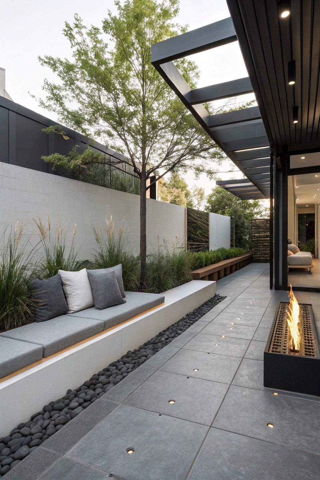 Modern outdoor patio with long built-in bench seating along a white wall, gray cushions, linear fire pit on gray tiles, and pebble border.