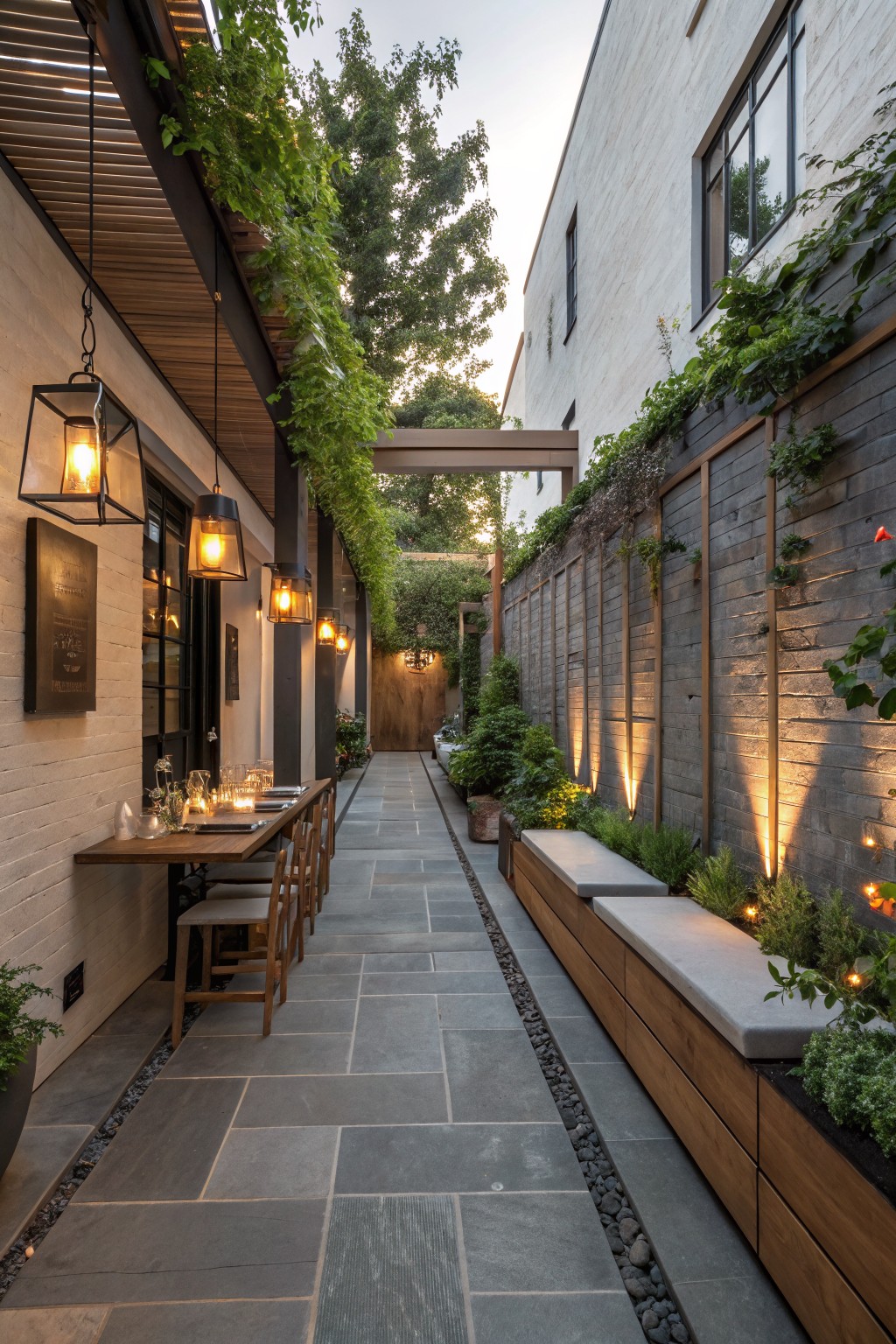 A narrow outdoor walkway with a long dining table and chairs on the left side and built-in wooden benches with concrete tops on the right, lined with plants and hanging lights.