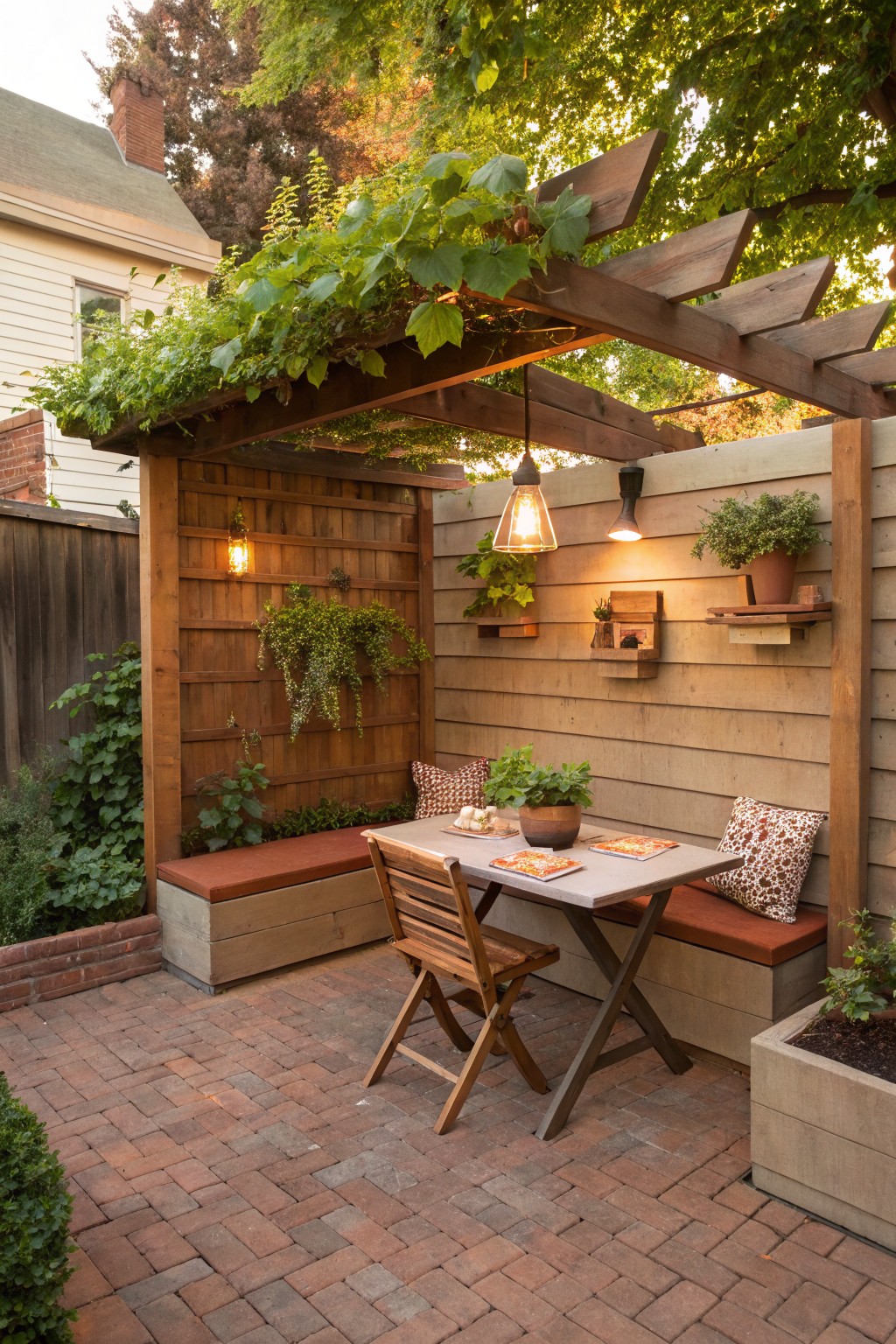 A small brick patio with wooden built-in benches along two walls, a folding table and chair, hanging lights, and a pergola overhead with climbing plants.