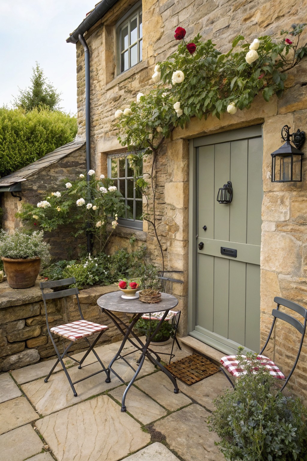 Stone cottage with green door, climbing roses, and bistro table on patio