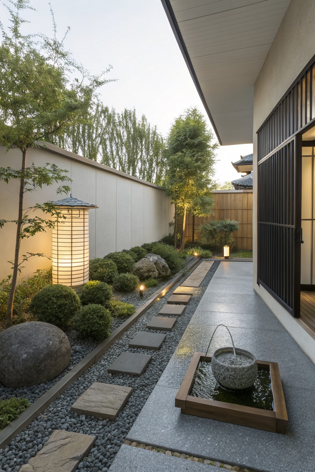 A narrow outdoor walkway with gray gravel and rectangular stone stepping stones, bordered by shrubs and rocks, with a lit lantern and stone water basin near a modern building.