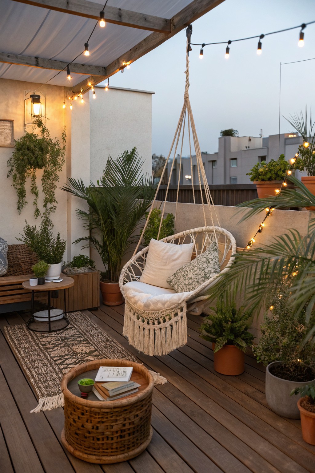 A hanging woven chair with cushions suspended above a wooden deck patio with potted plants and string lights.
