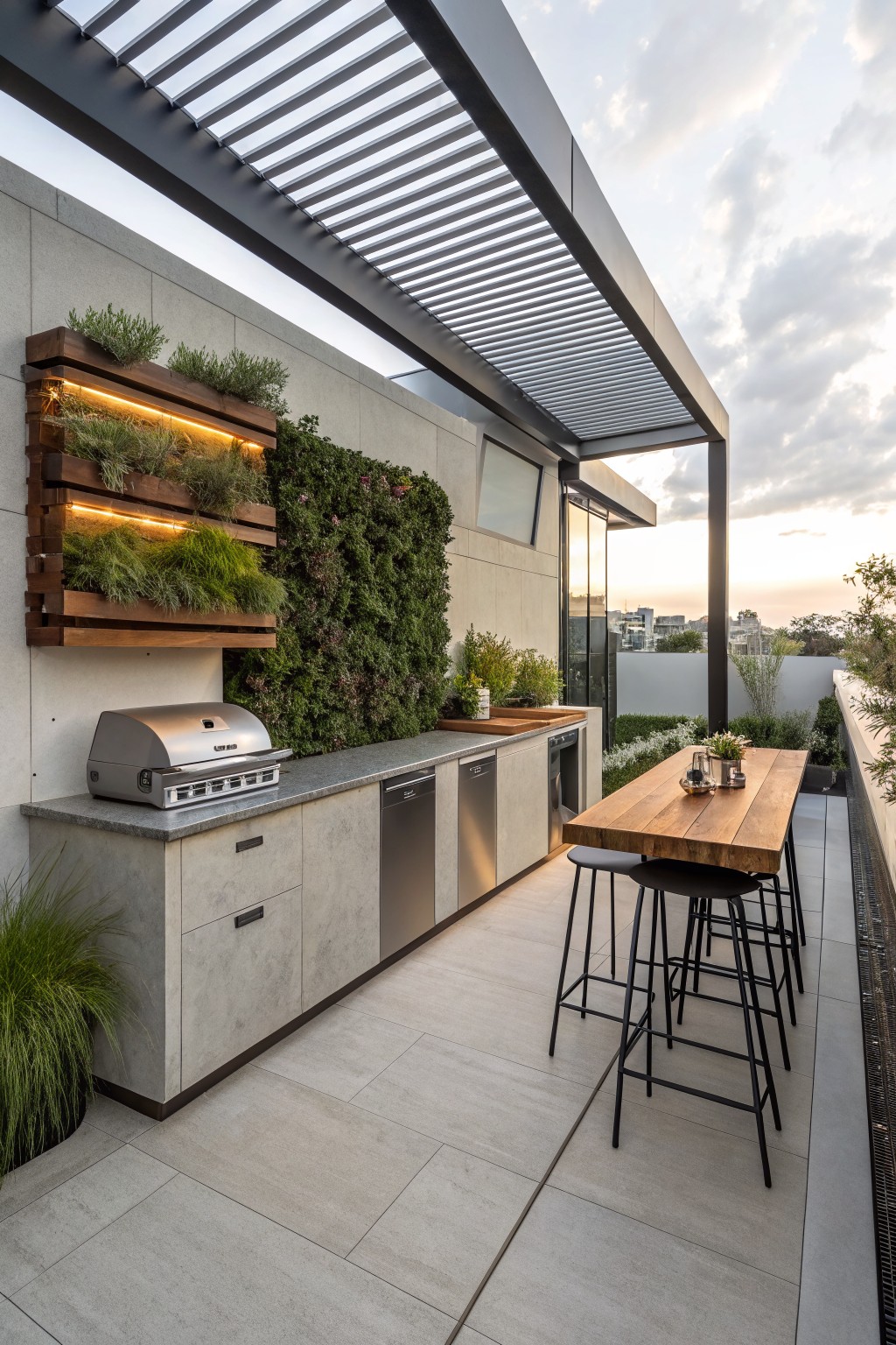 A compact outdoor kitchen on a balcony with a stainless steel grill built into a concrete counter and a row of black bar stools along a wooden table.