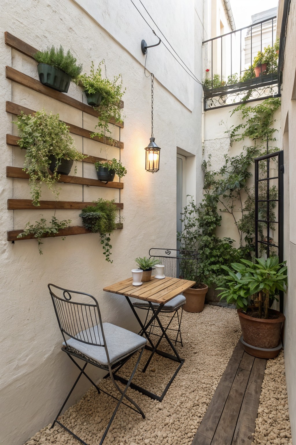 A compact outdoor patio with a small wooden table and two folding chairs on gravel, a white wall fitted with wooden slat planters holding various green plants, and a hanging lantern overhead.