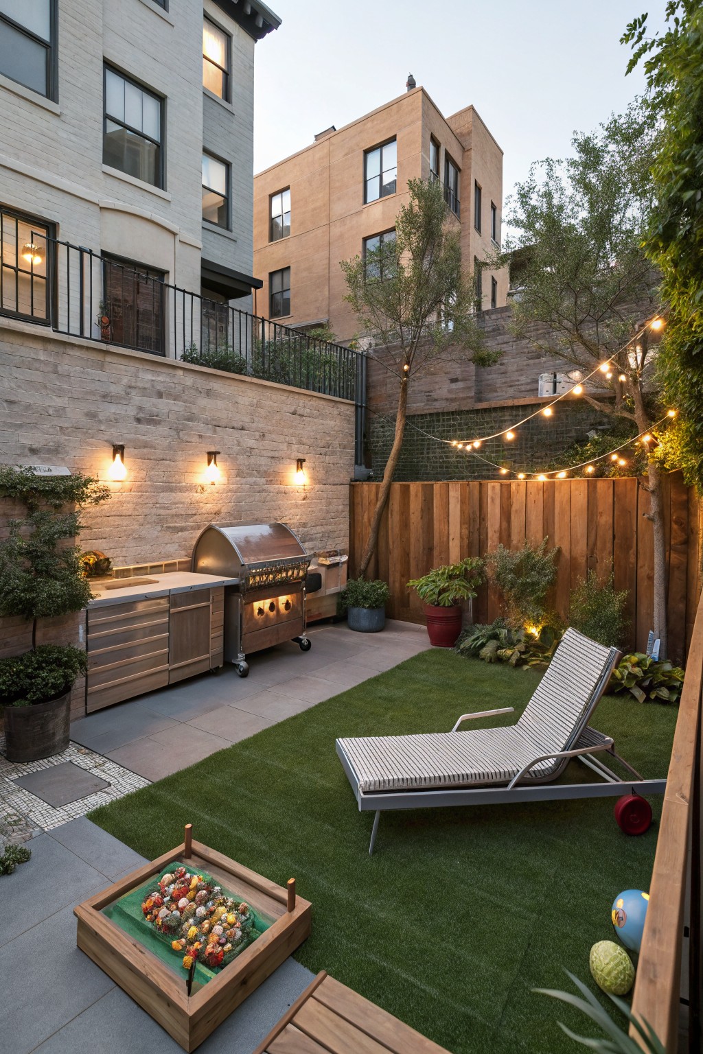 A compact backyard showing a stone patio with an outdoor kitchen beside a section of artificial turf holding a lounge chair, string lights overhead, and potted plants along a wooden fence.