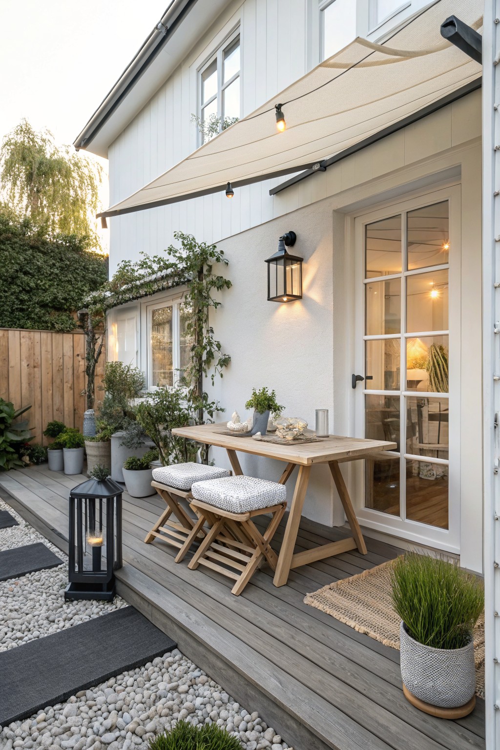 A small wooden dining table with two cushioned stools sits on a gray deck under a beige retractable awning attached to a white house, surrounded by potted plants and a black lantern.