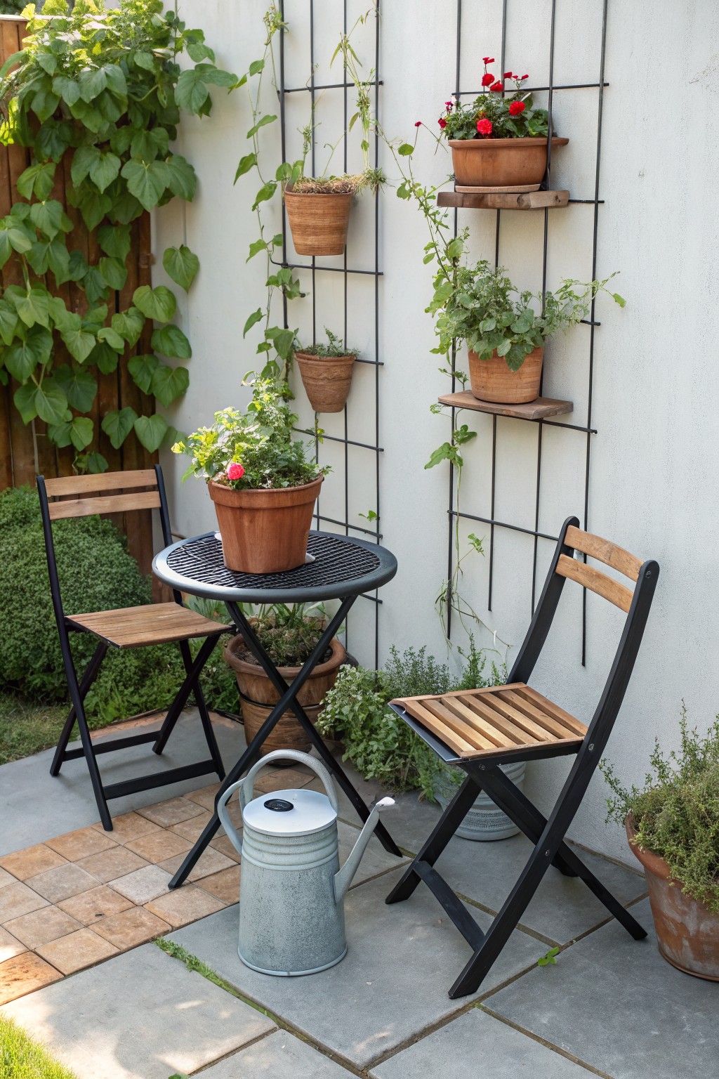 Small patio with two folding chairs, round table, and multiple potted plants mounted on a wall using wooden shelves and a black metal trellis.