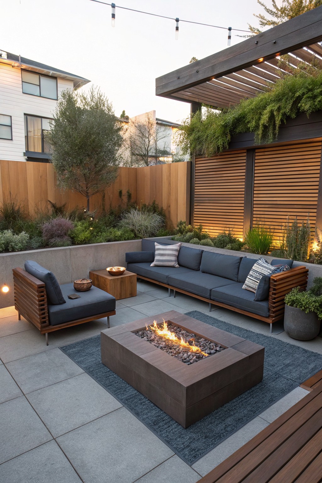 A small backyard patio with a square concrete fire pit on a dark rug, surrounded by an L-shaped gray sectional sofa, a wooden armchair, and a pergola with string lights.