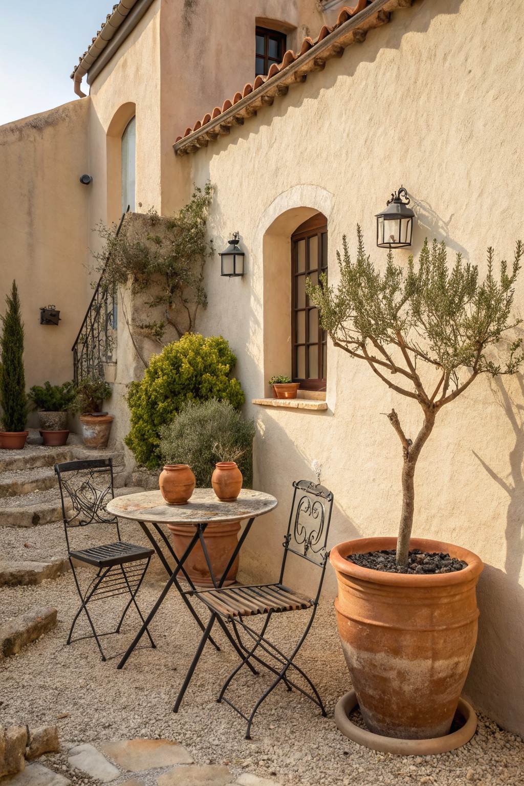 A round stone table with two black metal chairs sits on gravel between a stucco wall and a large terracotta pot holding a small tree, with additional potted plants nearby.