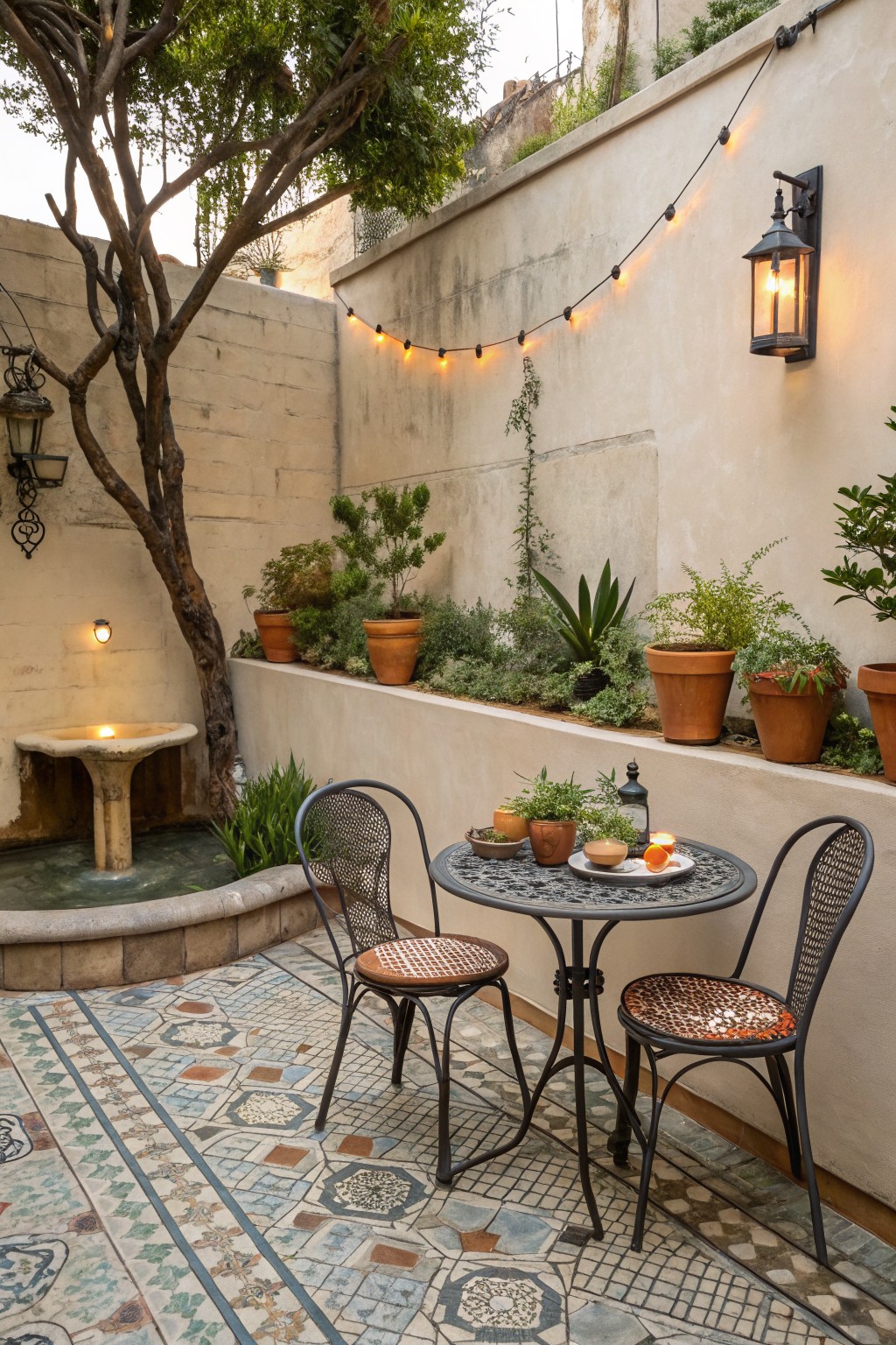 A small round metal table with two woven chairs sits on patterned tile in a courtyard, surrounded by terracotta pots of plants along a stucco wall with string lights above.