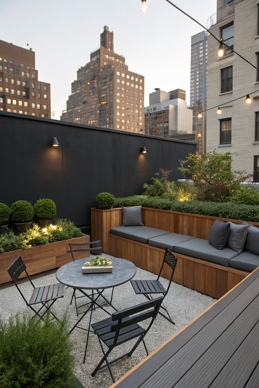 Rooftop patio with built-in wooden bench seating, round table, black folding chairs, gravel surface, and city buildings visible behind a dark wall.