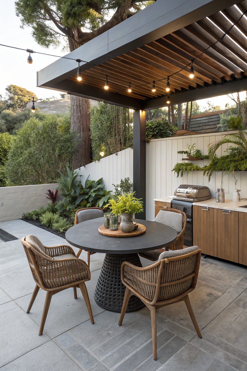 A round dark table with four woven chairs sits under a wooden pergola with string lights, next to an outdoor kitchen with wood cabinets and a grill.