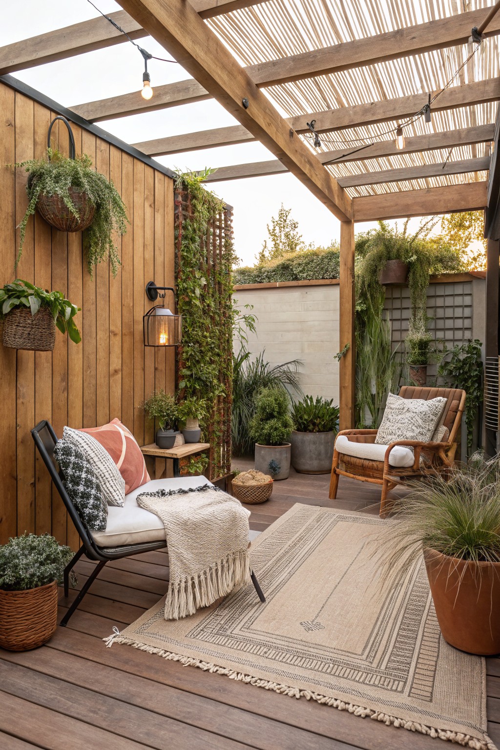 A wooden backyard patio under a pergola features two armchairs on a large woven rug, surrounded by potted plants and hanging baskets.