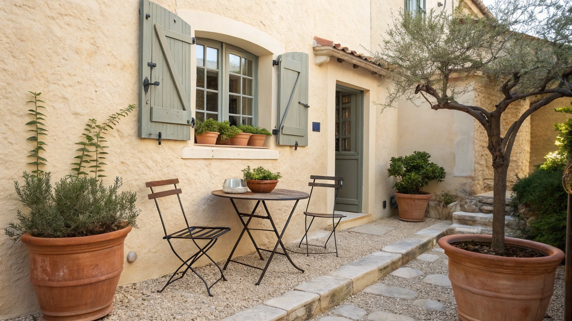 A round stone table with two black metal chairs sits on gravel between a stucco wall and a large terracotta pot holding a small tree, with additional potted plants nearby.
