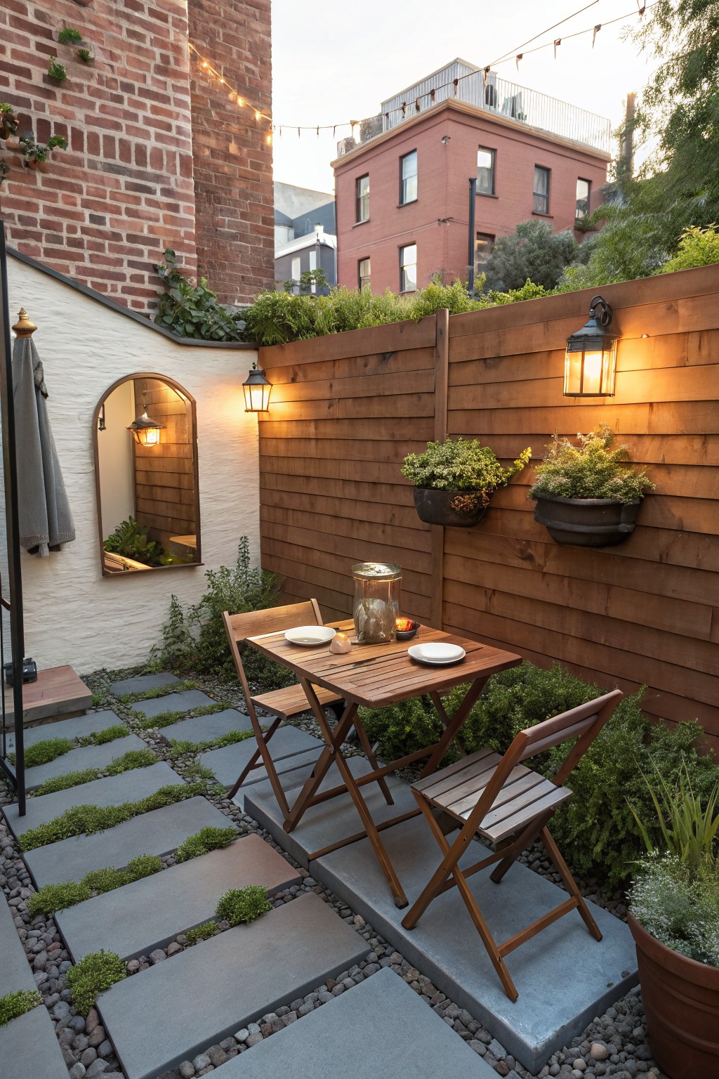 A small wooden dining table with two foldable chairs sits on a paved patio beside a wooden fence lined with mounted planters.
