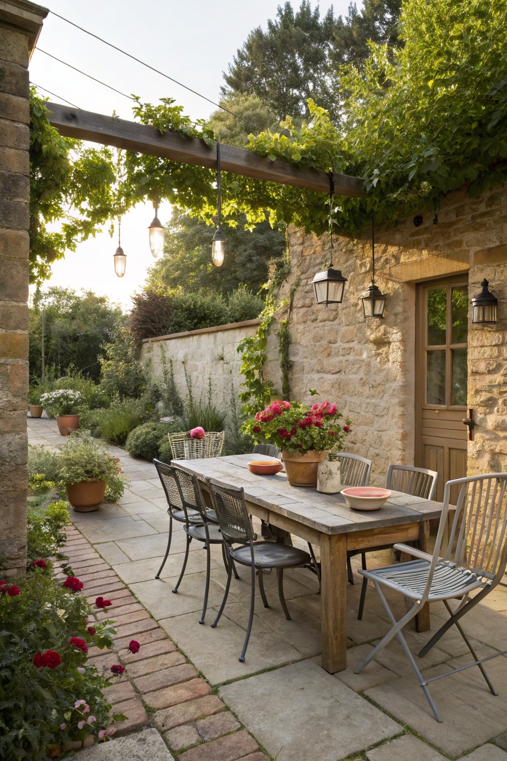 A wooden dining table with mixed metal and wooden chairs on a stone patio under a vine-covered pergola with hanging lights and potted plants.