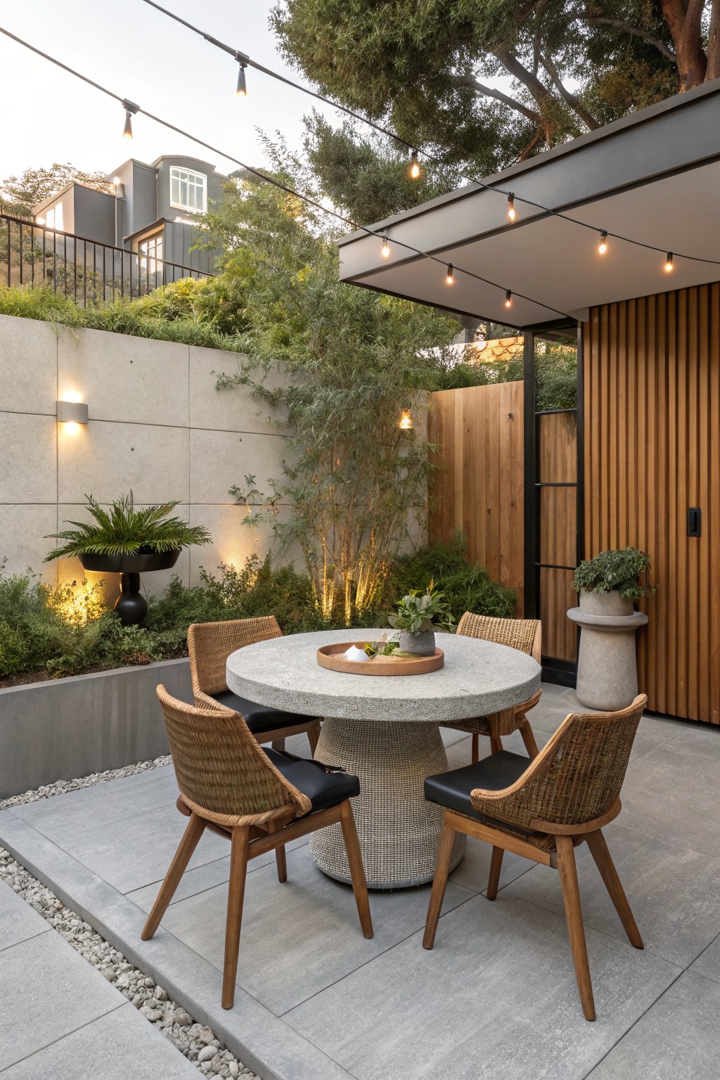 A compact concrete patio with a round gray dining table, four woven chairs with black cushions, string lights overhead, and potted plants against a concrete wall.