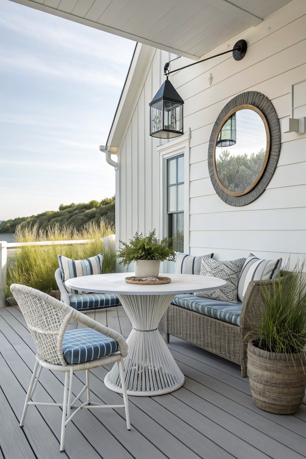 A small deck patio with a round white pedestal table, one wicker chair, a cushioned bench, potted plants, and a round mirror mounted on the side of a white house.
