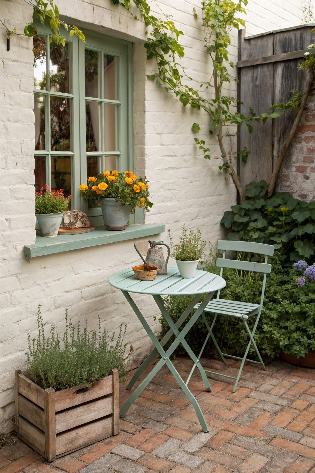 A small round light green patio table with two matching chairs sits on a brick surface beside a white brick wall with potted plants on the windowsill.