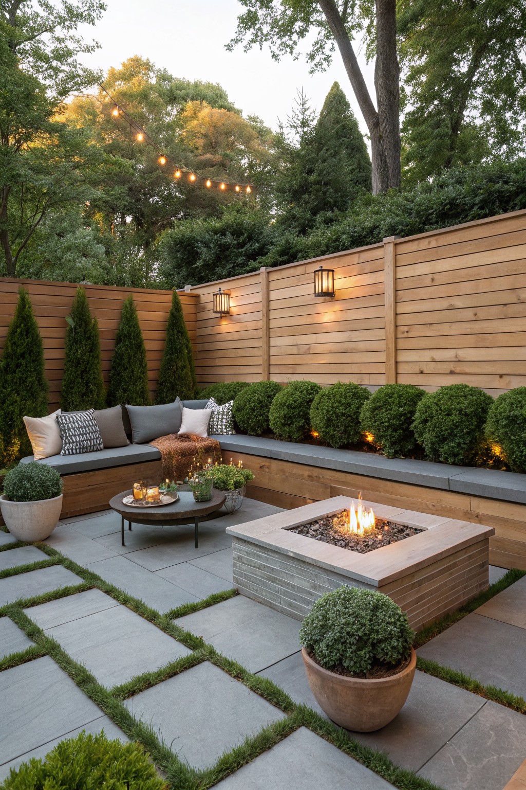 An outdoor patio with a fire pit, built-in bench seating, and a wooden fence lined with a row of rounded green shrubs.