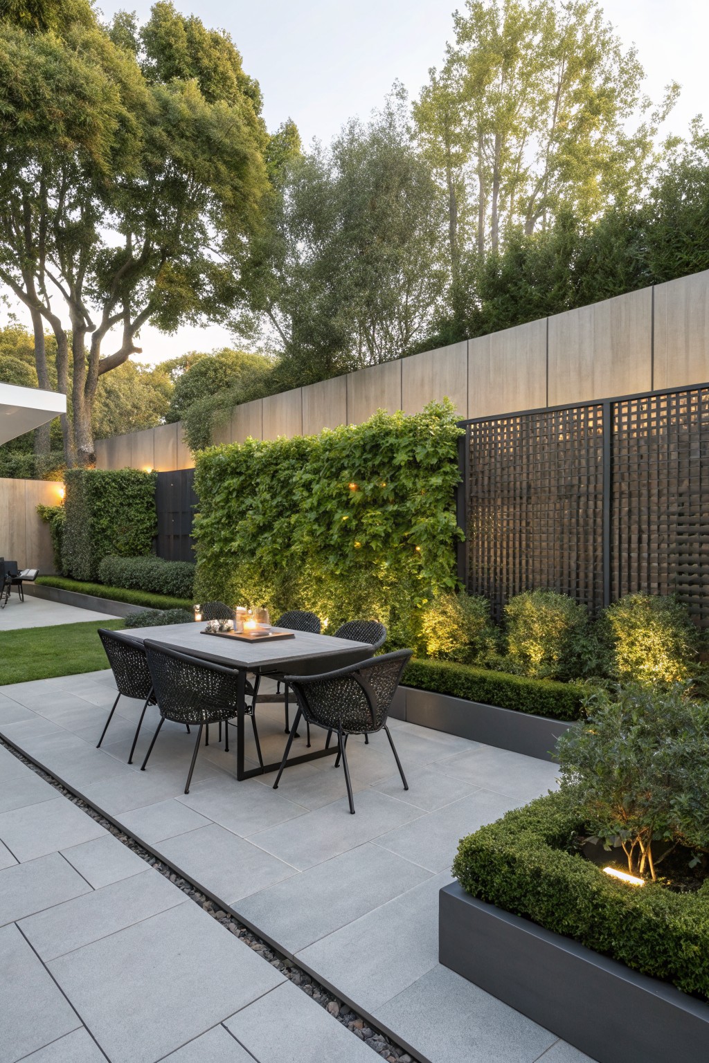 An outdoor patio dining area with a dark table and woven chairs positioned in front of a tall green hedge wall and modern fencing.