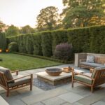 A stone patio with a central fire pit, wooden armchairs, and tall dense green hedges forming a privacy screen around the seating area.