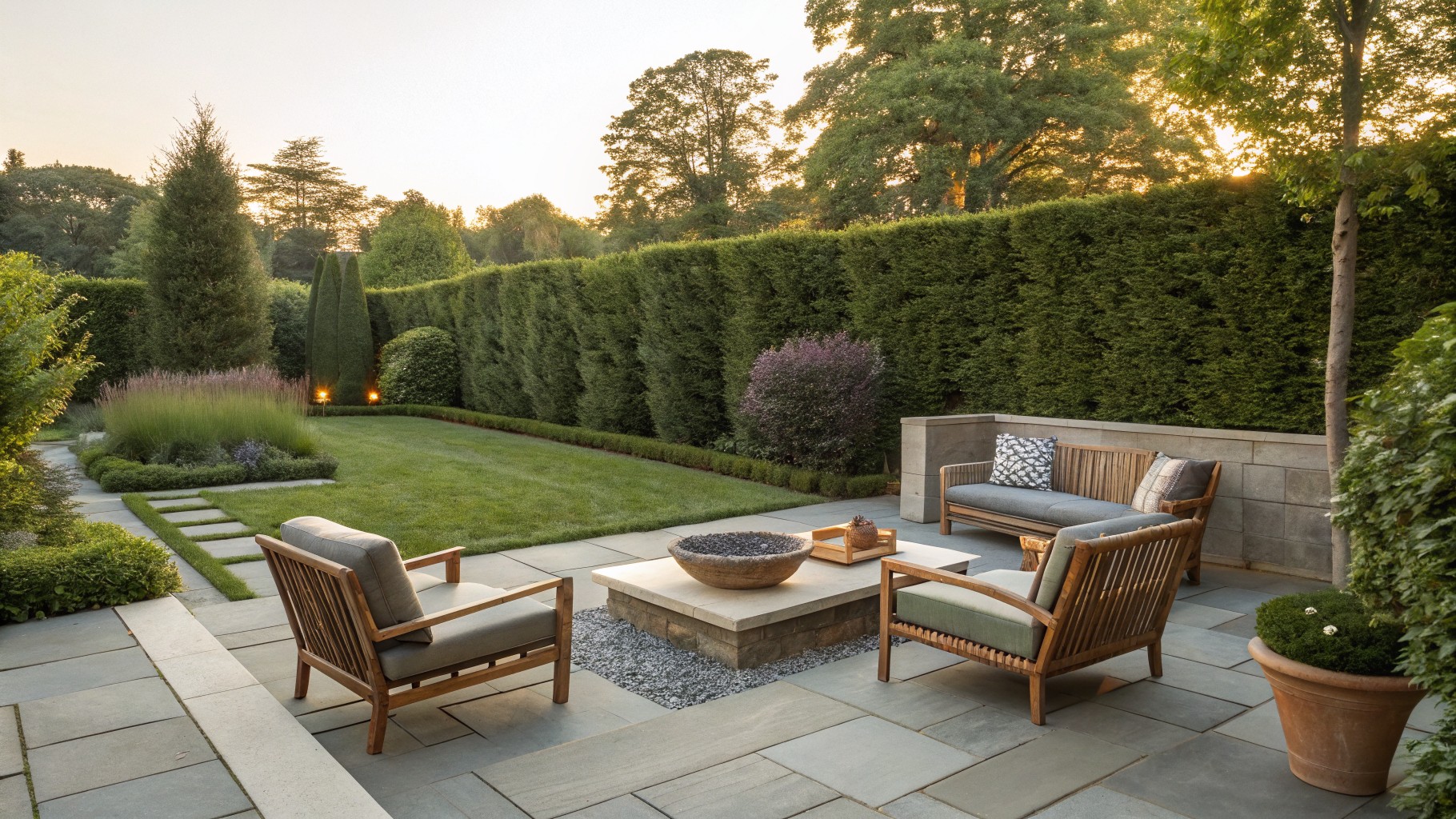 A stone patio with a central fire pit, wooden armchairs, and tall dense green hedges forming a privacy screen around the seating area.