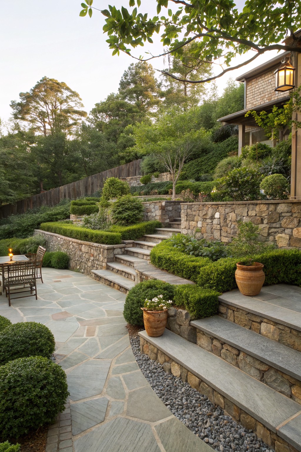 Stone stairs and retaining walls lined with layered green hedges lead up a hillside to a house.