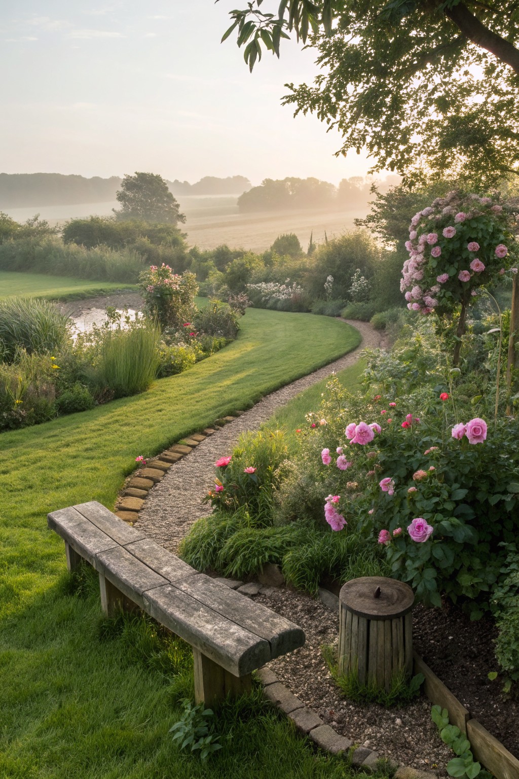 A winding gravel garden path bordered by pink roses and green shrubs, with a wooden bench in the foreground and open fields visible in the distance.