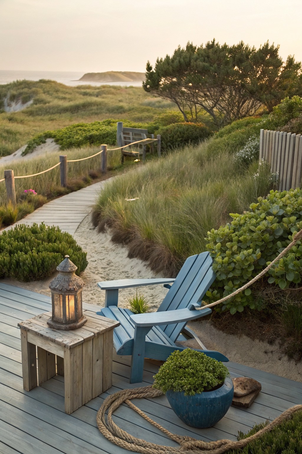 A wooden deck with a blue Adirondack chair, lantern on a stool, and potted plant overlooks a sandy path lined with tall grasses, shrubs, and a rope fence leading toward the ocean.