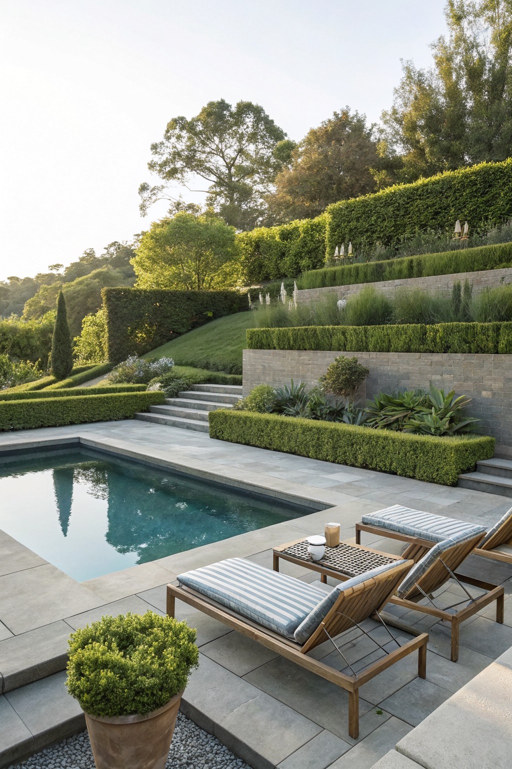 A rectangular pool with stone decking, wooden lounge chairs, and multiple rows of trimmed green hedges on a terraced hillside.
