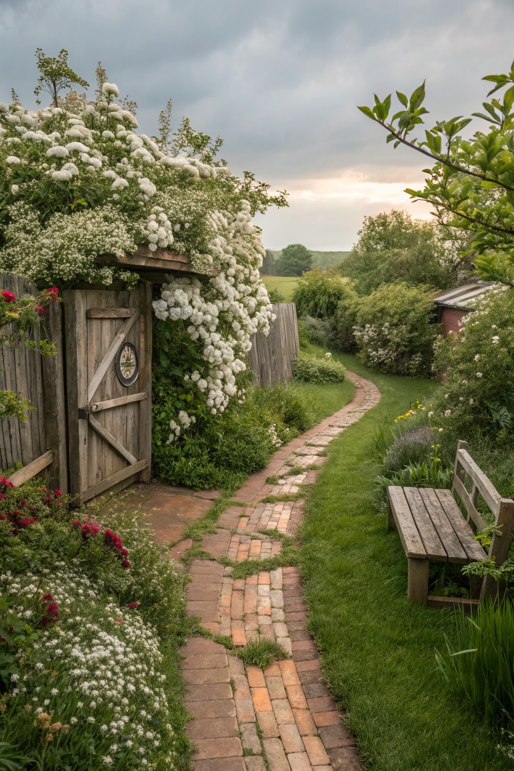 A winding brick path runs through a garden lined with dense white flowering shrubs, past a wooden gate covered in blooms and a wooden bench on the grass.