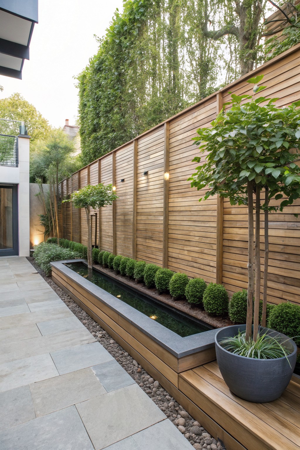 Modern garden with long water feature, wooden fence, stone patio, and potted plants
