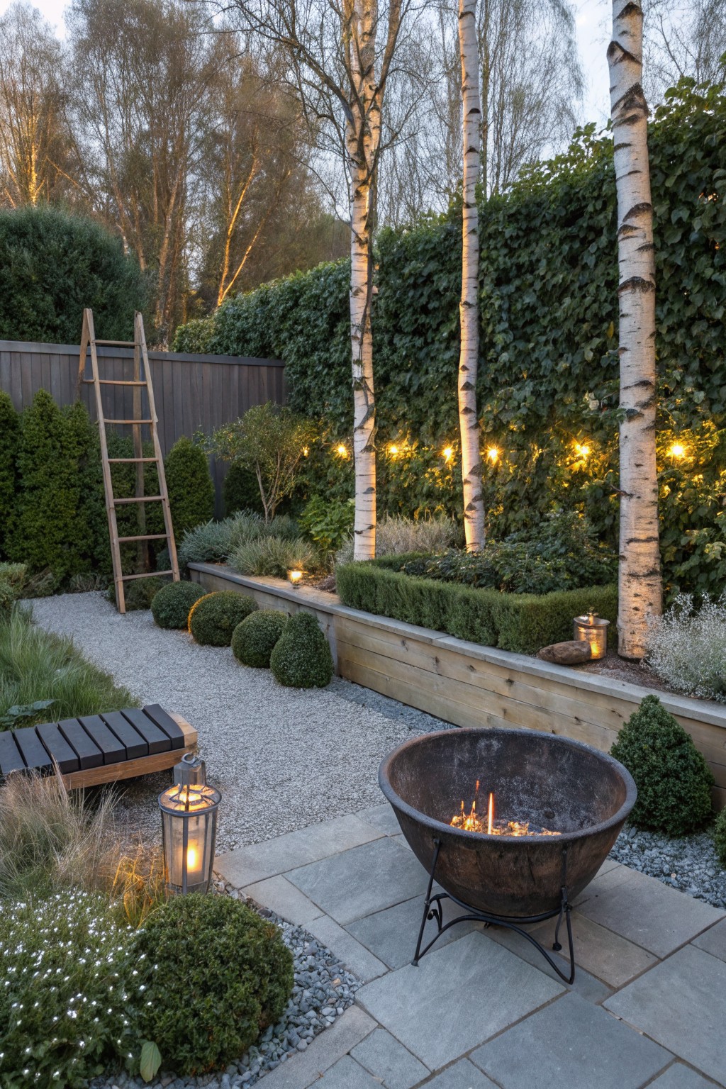 Garden fire pit on stone patio amid birch trees and glowing lanterns