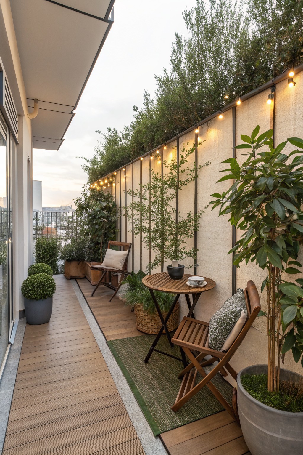 A narrow wooden balcony with folding wooden chairs, a round table, several large potted plants, and string lights running along a wall topped with dense greenery.