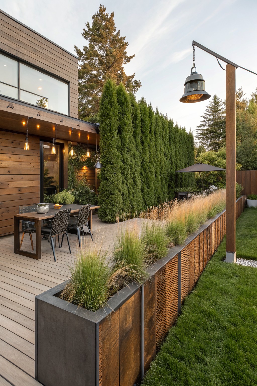 A backyard deck bordered by a tall dense evergreen hedge with raised planters containing ornamental grasses along the edge.