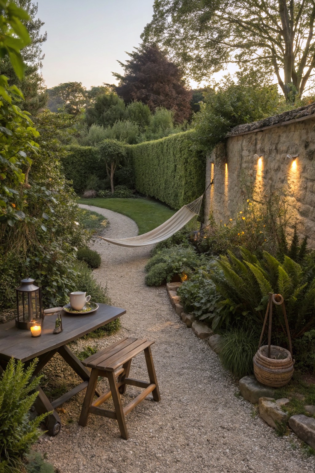 A gravel garden path bordered by a tall green hedge on one side and a stone wall on the other, with a hammock, wooden table, stool, and lantern visible in the foreground.
