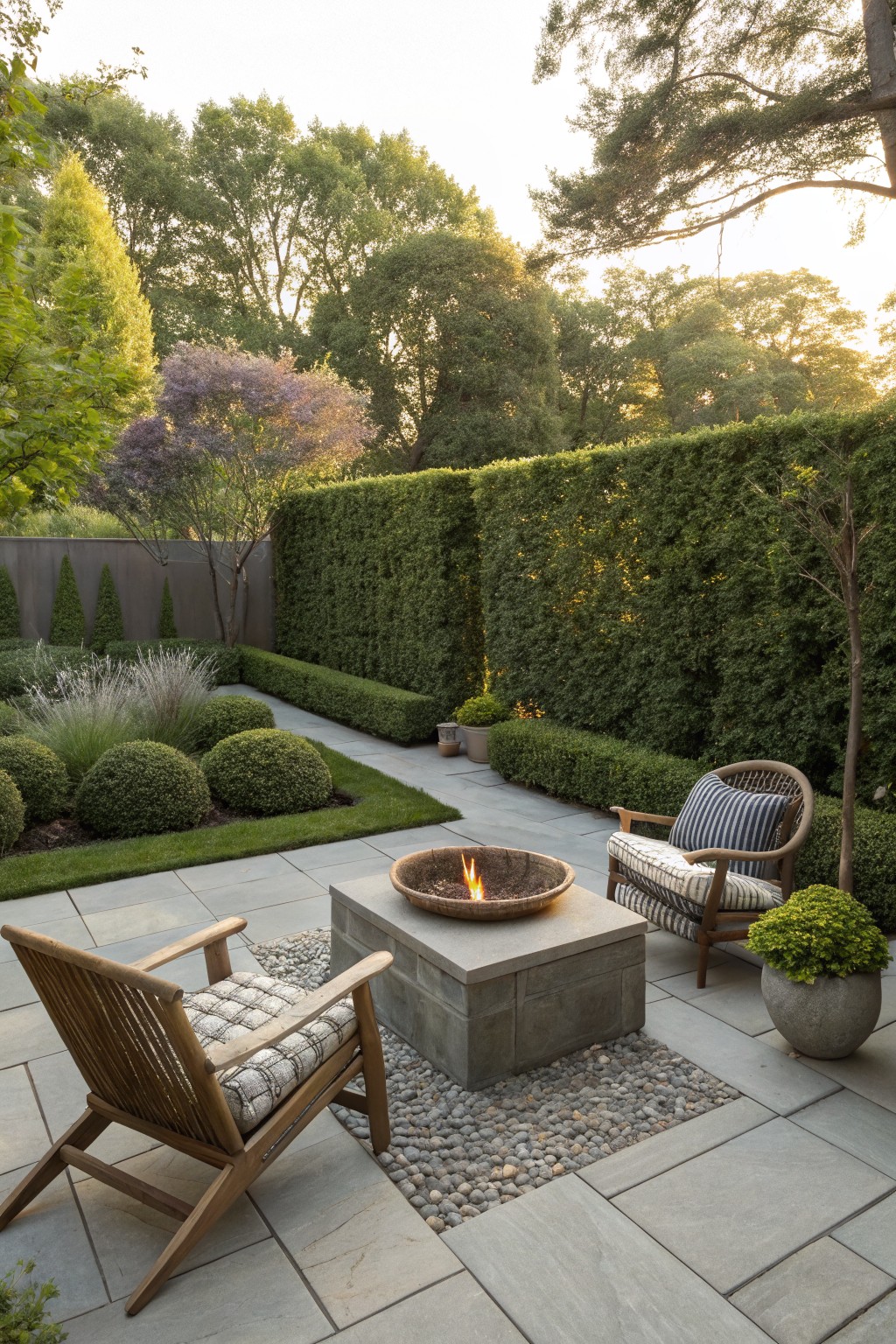 A stone patio with a central fire pit, wooden armchairs, and tall dense green hedges forming a privacy screen around the seating area.