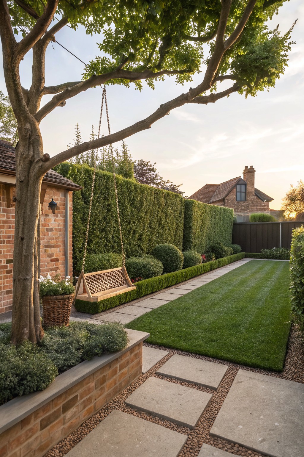 Backyard with a wooden swing hanging from a large tree, tall dense green hedges along the boundary, striped lawn, and stone pavers leading through the garden.
