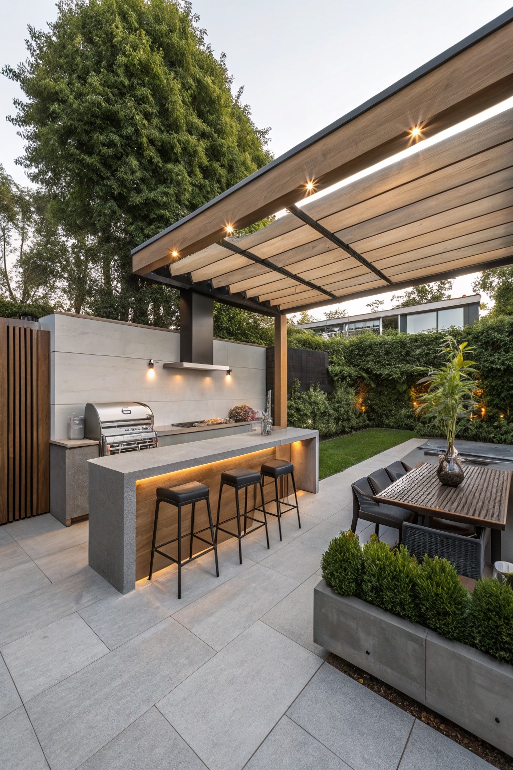An outdoor kitchen and bar area with three stools, a dining table, and a tall green hedge providing privacy in the background.