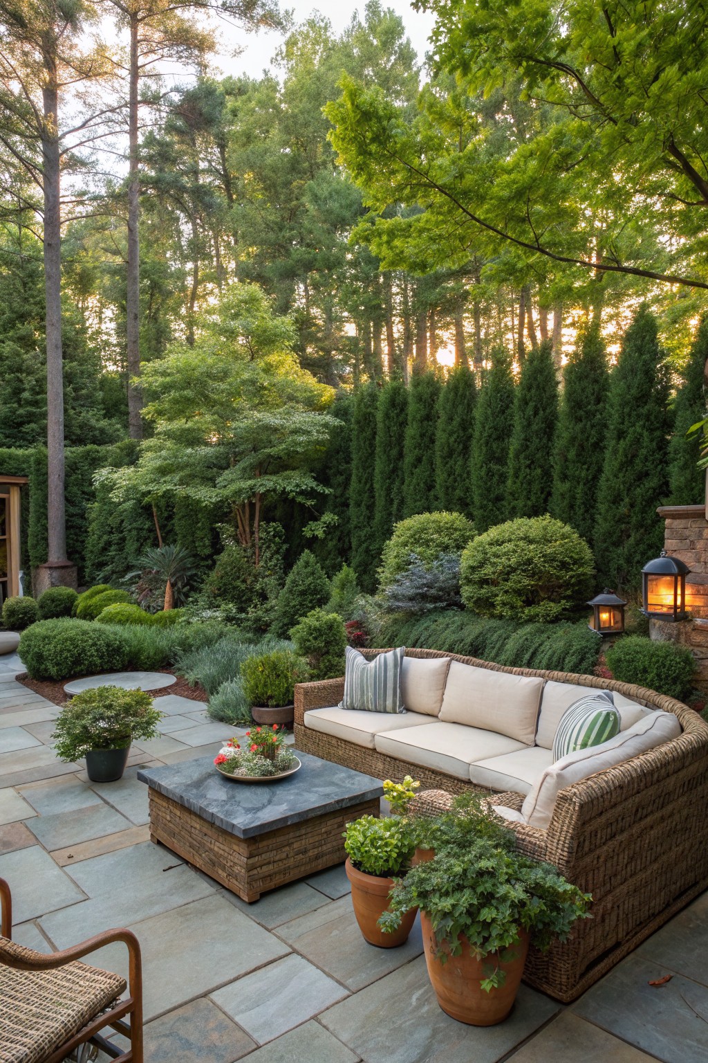 A curved wicker sofa with beige cushions sits on a flagstone patio, backed by a dense row of tall evergreen hedges and trees, with potted plants and a coffee table in front.