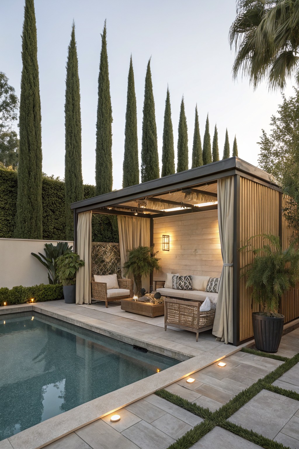 Outdoor cabana with seating beside a pool, screened by a dense row of tall narrow evergreen trees.