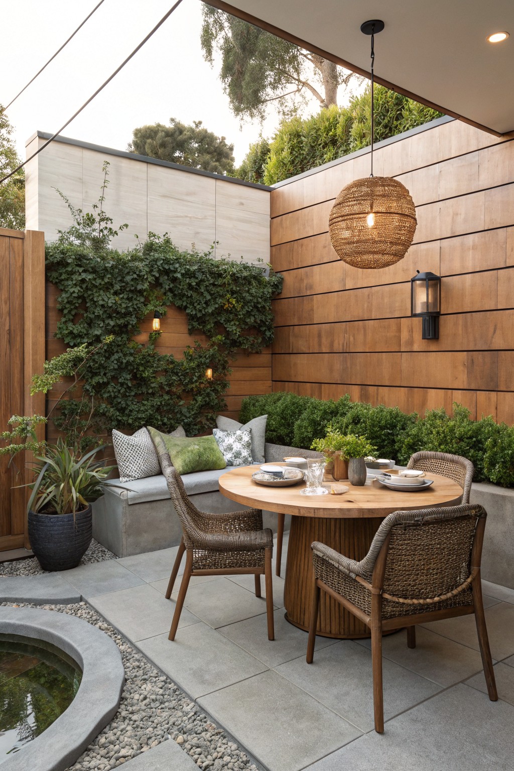 An outdoor patio with a round wooden dining table, woven chairs, and surrounding dense green hedges along a wood-paneled wall.