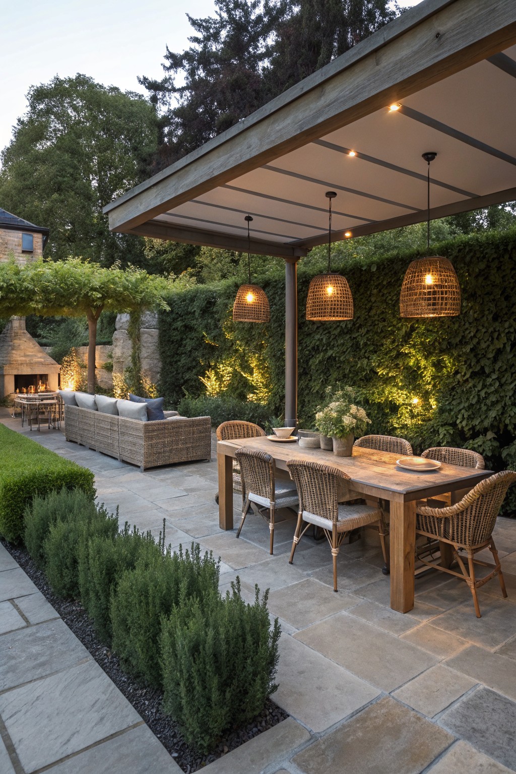 A wooden dining table with wicker chairs sits on a stone patio under a pergola, with a tall dense hedge forming the back wall.
