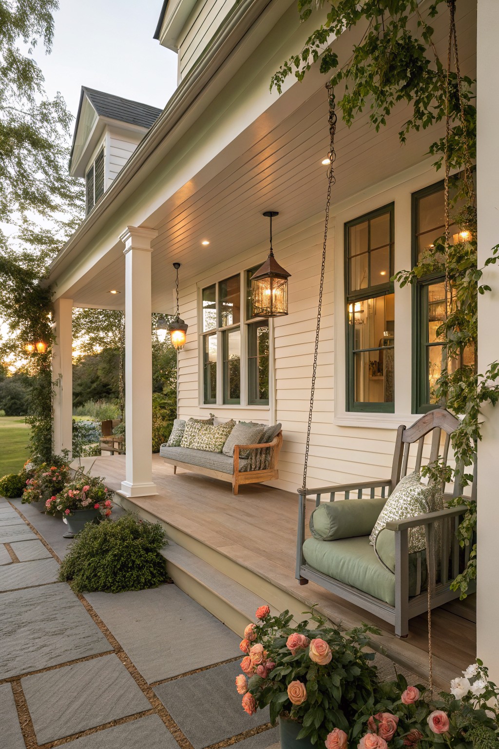 A farmhouse exterior with creamy white siding on the porch area.