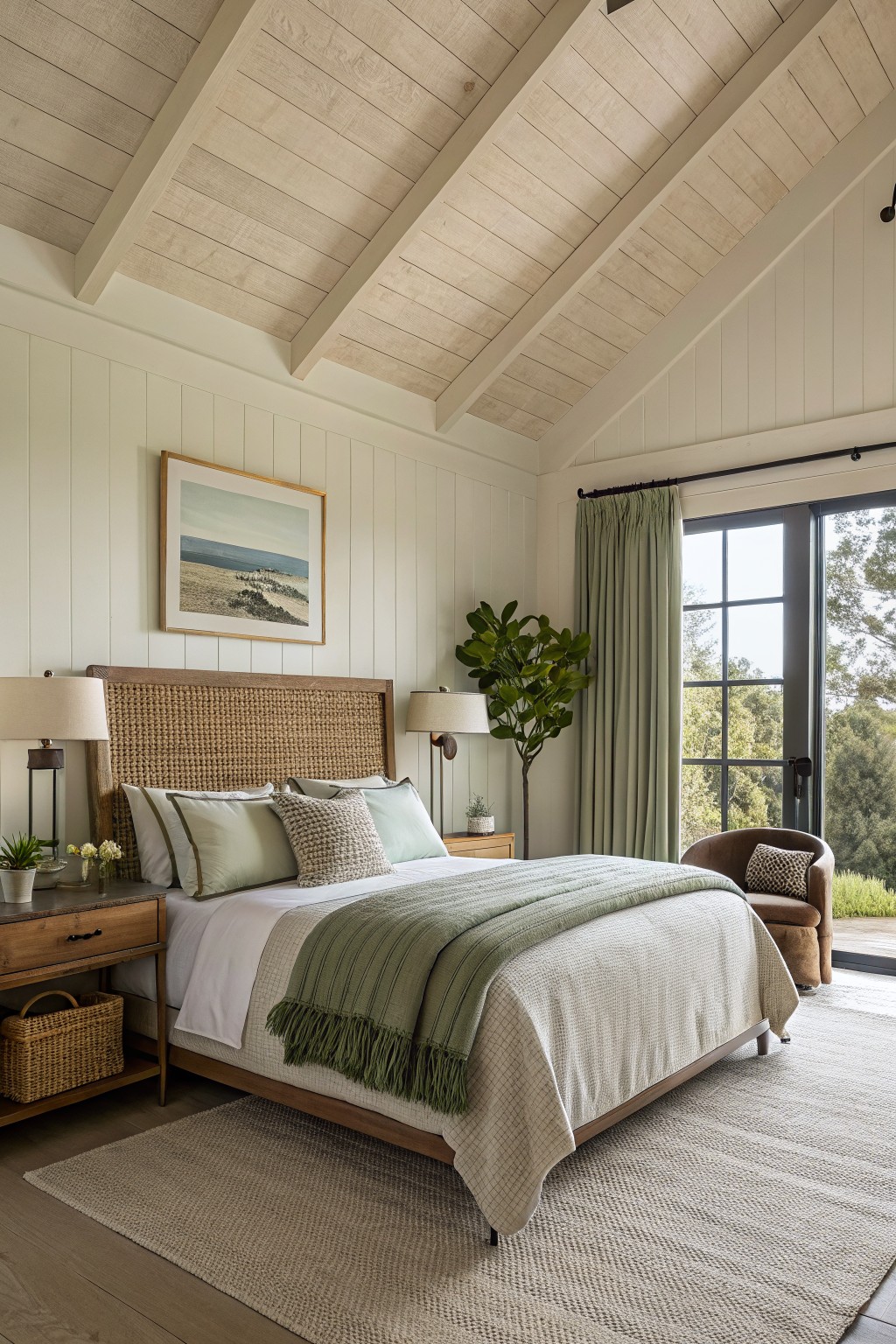A bedroom interior with creamy white walls and wood furnishings.