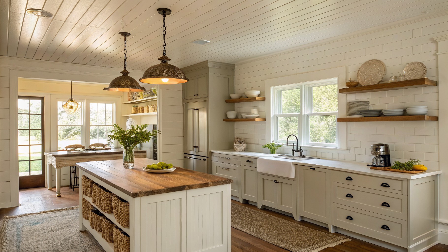 Pale green cabinets in a bright white kitchen with wood island and open shelving.