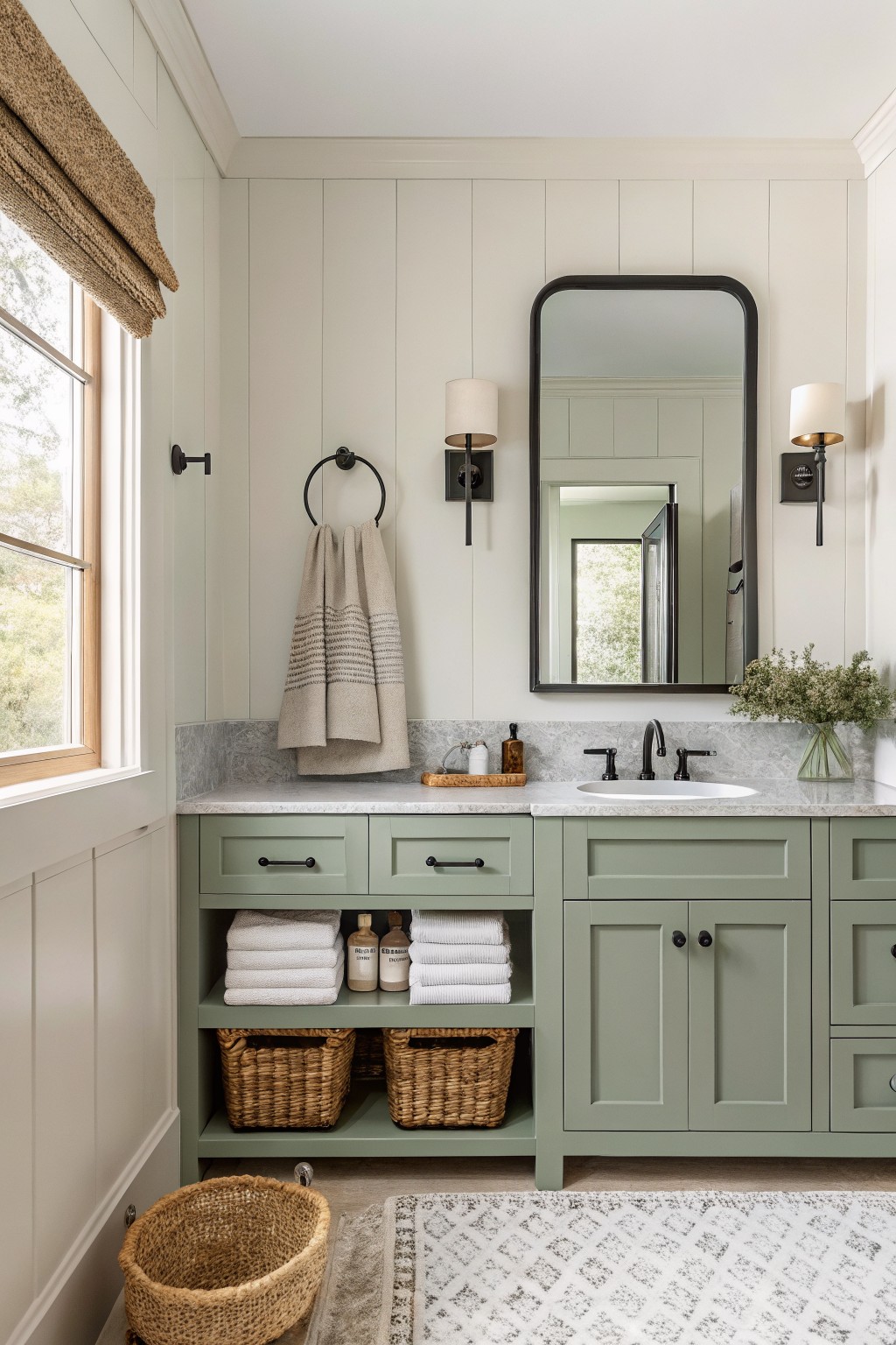 Bathroom vanity painted in a soft muted green with open shelving below.
